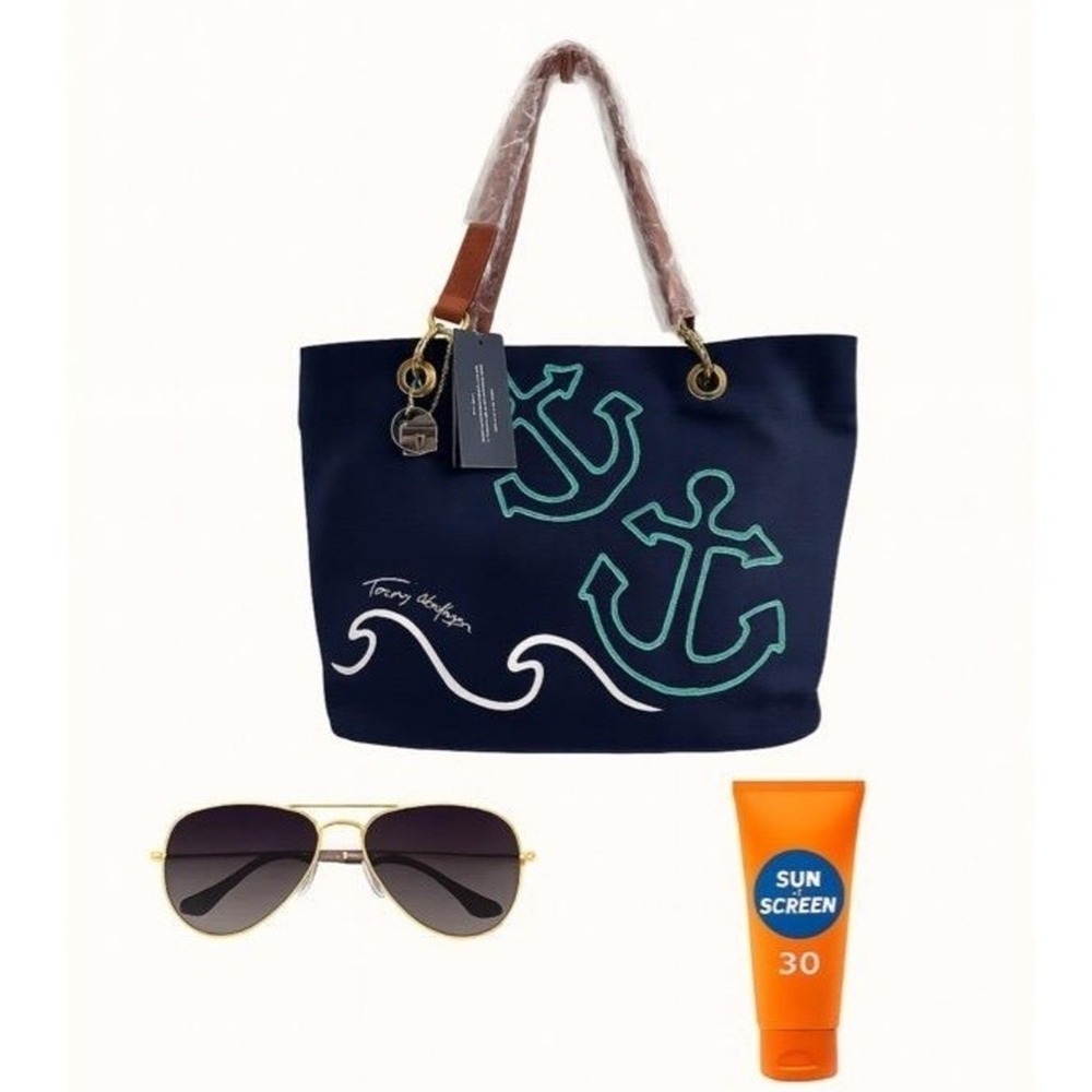 Tommy Hilfiger Bag Canvas Tote Nautical Anchor Canvas Navy Handles NWT Beach
